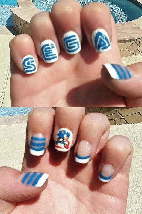 Sega/Sonic nails Shadow Nail Design, Sonic Nail Designs, Sonic The Hedgehog Makeup, Sonic The Hedgehog Nail Art, Shadow The Hedgehog Nails, Sonic Acrylic Nails, Sonic The Hedgehog Nails, Sonic Nails, Acrylic Nails Pokemon