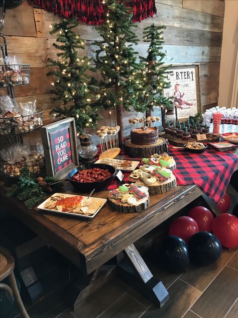 Flannel Up First Birthday, Lumberjack Birthday Theme, Lumberjack Centerpieces 1st Birthdays, Lumberjack Decorations Diy, One Happy Camper Buffalo Plaid, Camping Theme Christmas Party, Buffalo Plaid Party Ideas, Cozy Cabin Party Decor, Mad About Plaid Christmas Party