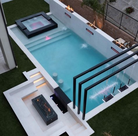 In House Swimming Pool, Backyard Infinity Pool Ideas, Pool With Retaining Wall Sloped Backyard, Party Food Outdoor, Small Backyard Pool Designs, Summer Pool Party Food, Endless Pool Backyard, Modern Pool Tile Ideas, Swimming Pools Kendrick Lamar