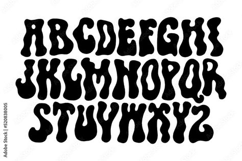 Hippie bohemian groovy postmodern funky font alphabet 1960s boho psychedelic style. Perfect for posters, collages, clothing, music albums and more. Vector clipart illustrations, isolated letters. Stock Vector | Adobe Stock Trippy Fonts Alphabet, Hippie Font Alphabet, Groovy Font Alphabet, Funky Typeface, Trippy Letters, Hippie Lettering, Cool Fonts To Draw, Trippy Font, Font For Poster