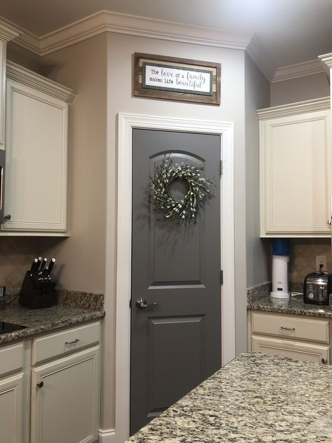 Painted Pantry Door Ideas Accent Colors, Black Pantry Door White Kitchen, Gray Pantry Door, Kitchen Door Color Ideas, Ideas For Pantry Doors, Painted Pantry Door Ideas, Kitchen Pantry Paint Ideas, Pantry Door Paint Ideas, Accent Pantry Door