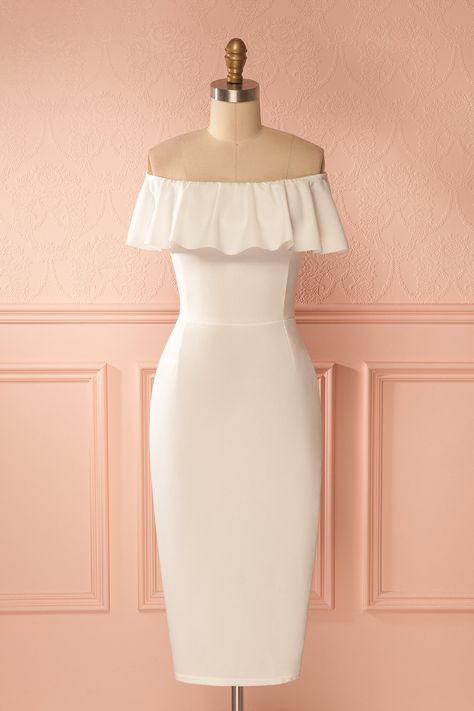 Komani White Ruffled Collar Fitted Dress | Boutique 1861 Off The Shoulder Prom Dress, Tight Fitting Dress, Flattering Dress, Boutique 1861, Fitting Dress, Fitness Wear, Note Box, Ruffled Collar, Dress Boutique