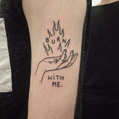 Burn with me by The Magic Rosa #themagicrosa #blackwork #minimalist #linework #text #quote #fire #hand #love #tattoooftheday Hanya Tattoo, Tattoo Dotwork, Fire Tattoo, Inspiration Tattoos, Aesthetic Tattoo, Dream Tattoos, Blackwork Tattoo, Piercing Tattoo, Get A Tattoo