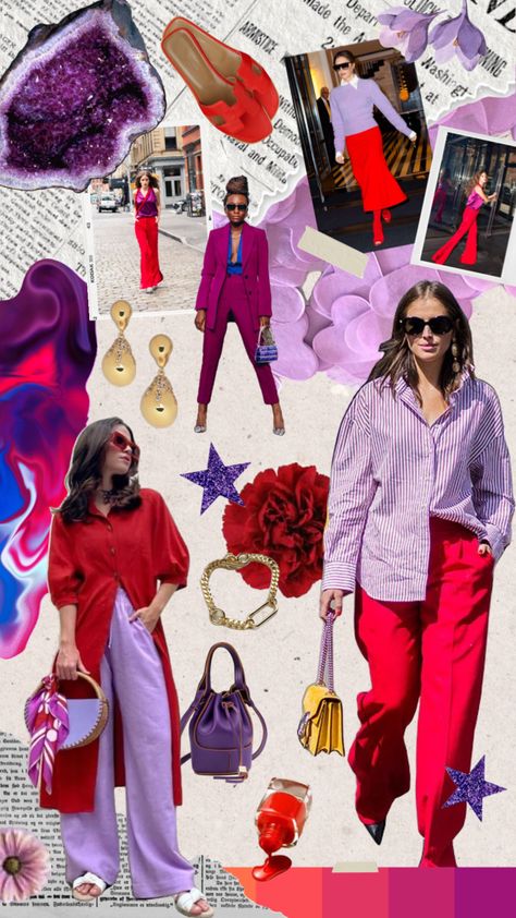 Red And Purple Outfits For Women, Purple Red Outfit Color Combos, Red And Purple Outfit Aesthetic, Lilac And Red Outfit, Lavender And Red Outfit, Red Pink Outfit Color Combos, Red And Purple Clothes, Lavender And Red Color Palette, Red Color Combos Outfits