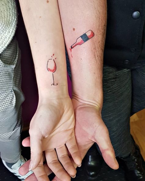 CafeMom.com : Matching Wine Tattoos : 20 Wine Tattoos We Happily Raise a Glass To -- When wine lovers find someone who will happily fill their glass, they should hold onto that person for life. That's essentially what this duo did by getting permanent matching tattoos. May we all find someone who fills our cup and doesn't drain it. Wine Tattoos, Tattoo Amigas, Couple Tattoo Quotes, Wine Glass Tattoo, Wine Tattoo, Matching Friend Tattoos, Small Matching Tattoos, Couple Tattoos Unique, Bottle Tattoo