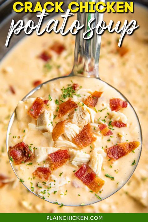 Slow Cooker Crack Chicken Potato Soup recipe – creamy potato soup loaded with tender chicken, cheddar, bacon, and ranch. This soup is SO freaking delicious! I wanted to lick the bowl! Frozen hash browns, chicken breasts, chicken broth, cheddar, bacon, ranch, cream cheese, Velveeta, and milk. Everyone RAVES about this easy soup recipe. Simply dump everything in the crockpot and let it do the work. Whip up some cornbread or biscuits and dinner is done!! Potato Soup Loaded, Chicken Potato Soup, Chicken Cheddar, Soup Creamy, Layered Salad Recipes, Chicken Potato, Bacon Soup, Creamy Potato Soup, Plain Chicken