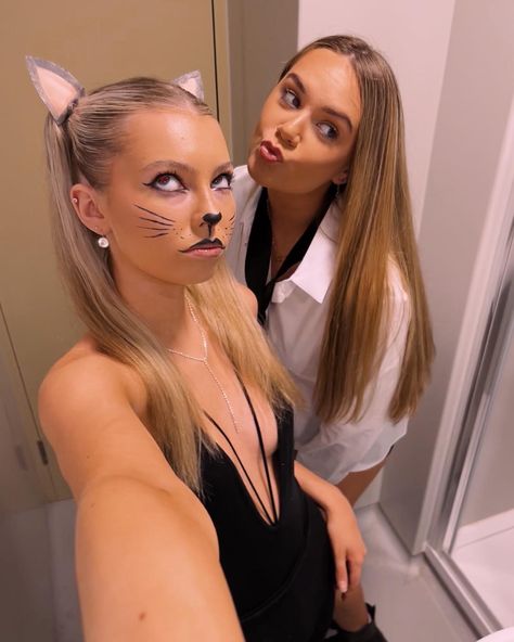 Halloween inspo, last minute costume, halloween costume for women, cat costume, cat halloween makeup Simple Cat Halloween Costumes For Women, Cat For Halloween Costumes, Black Cat Halloween Makeup For Women, Cat Makeup Women, Cat Custom Halloween, Cat Makeup Costume, Halloween Costumes Cat Outfit, Cat And Mouse Halloween Costume, Cat Makeup Halloween Simple