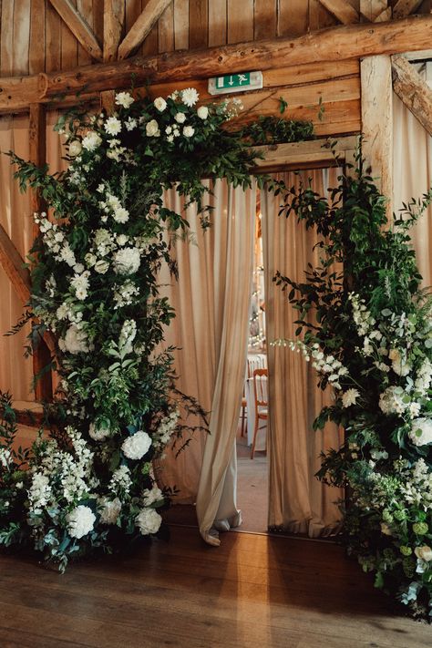 Foliage And White Flowers Wedding, Greenery Florals Wedding, Foliage Arch Wedding, Flowers On Beams Wedding, Foliage Wedding Arch, Greenery Heavy Wedding, Wedding Flower Installations, Broken Arch Wedding, Greenery Arch Wedding