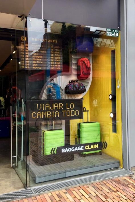 Travel/Airport/Baggage Claim/Suitcases/Outdoor Backpacks Travel Theme Window Display, Luggage Store Display Retail Design, Travel Store Design, Travel Window Display, Travel Retail Display, Luggage Display, Back To School Window Display, Backpack Display, Brand Activation Ideas