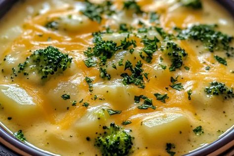 Enjoy this creamy Crockpot Potato Broccoli Cheddar Soup! With hearty potatoes, tender broccoli, and sharp cheddar cheese, it's a perfect cozy meal. Potato Broccoli Soup Crockpot, Broccoli Soup Crockpot, Potato Broccoli Cheddar Soup, Potato Cheddar Soup, Crockpot Potato, Broccoli Cheddar Soup Recipe, Potato Broccoli, Cheddar Soup Recipe, Slow Cooker Broccoli