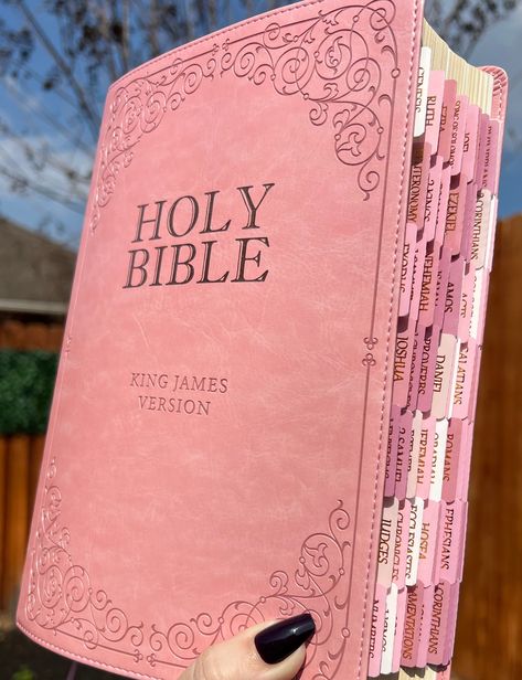 **BEST SELLER** The Pink Faux Leather Giant Print Full-size King James Version Bible is the perfect Bible for the women who raised you--be it a mother, grandmother, aunt, teacher or mentor. The easy-to-read 14-point type print will ease the strain on her eyes when she settles in for her daily quiet time with the LORD.   (I started making these bibles to help pay for my husband's tremendous medical bills after suffering a brain aneurysm. 100% of each sale goes towards his bills) Thank you so much Bibles To Buy, Christian Pink Aesthetic, Study Life Aesthetic, Bibles For Women, Girly Bible, Bible For Women, Pink Bible, Bible Photos, All Things Pink