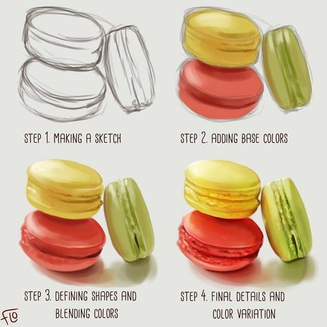 How To Draw A Macaron, How To Draw Macarons, Food Drawing Sketches Pencil, Macarons Painting, Macarons Illustration, Macaron Drawing, Macaron Painting, Desert Reference, Macarons Drawing