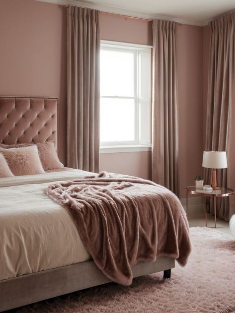 Dusty Rose Bedroom, Blush Curtains, Rose Bedroom, Velvet Bedroom, Rose Curtains, San Francisco Apartment, Cottage Aesthetic, Velvet Headboard, Faux Fur Rug