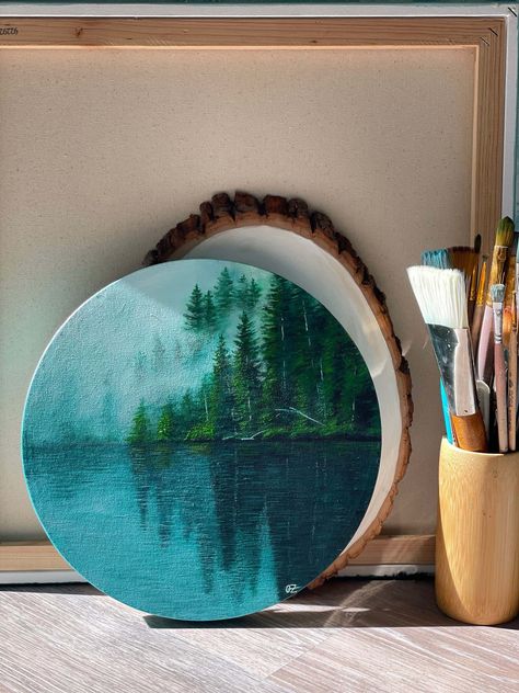 "Original acrylic on canvas painting \"Forest by the lake\" on round canvas diameter 12in Acrylic painting on stretched canvas. The artwork can be displayed with or without a frame. The final work is signed by the artist on the front and finished with a clear gloss varnish to protect the work for years of enjoyment. Please note that the colors you see on your monitor may differ slightly from those of the painting due to variations in monitor settings. The painting will be shipped and packed prof Round Canvas Painting Ideas Wall Art, Ideas For Round Canvas, 3 Set Painting, Painting For Circle Canvas, Round Wood Painting, Acrylic Painting Round Canvas, Acrylic Painting On Round Canvas, Arcliyc Painting On Canvas, Circle Acrylic Painting