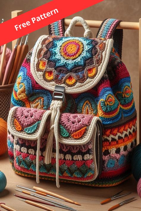 Create a vibrant and functional crochet backpack with this detailed pattern. Perfect for intermediate crocheters looking for a unique project. Knitted Backpacks Free Pattern, Granny Square Backpack Pattern, Retro Crochet Patterns Free, Crochet Bag Pattern Free Handbags Tutorials, Crochet Rucksack, Crochet Backpack Free Pattern, Crochet Backpack Purse, Crochet Market Ideas, Functional Crochet