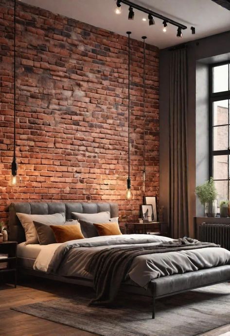 35 Stunning Bedroom Accent Walls for a Cozy Makeover 44 Industrial Feature Wall Ideas, Wooden Accent Wall Bedroom, Brick Wall Interior Bedroom, Modern Industrial Bedroom Design, Brick Accent Wall Bedroom, Brick Wall Bedroom Ideas, Brick Bedroom Ideas, Accent Walls Ideas, Wood Accent Wall Bedroom