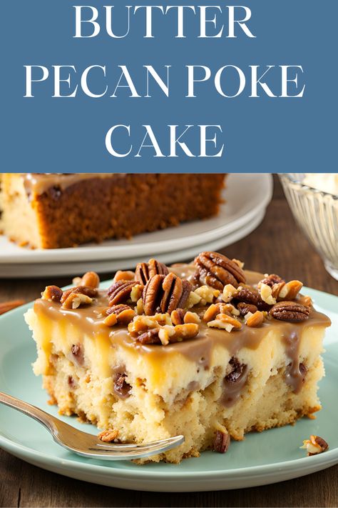 Butter Pecan Poke Cake is a deliciously moist dessert that features a buttery cake soaked with sweetened condensed milk. After baking, the cake is poked with holes and filled with the milk and chopped pecans. It’s topped with a whipped cream layer and more pecans for extra crunch. Chill before serving for a rich, nutty treat that's perfect for any occasion. Butter Pecan Poke Cake, Pecan Poke Cake, Creamy Cake, Butter Carrots, Different Types Of Cakes, Strawberry Butter, Butter Pecan Cake, Cake Base, Butter Cake Recipe