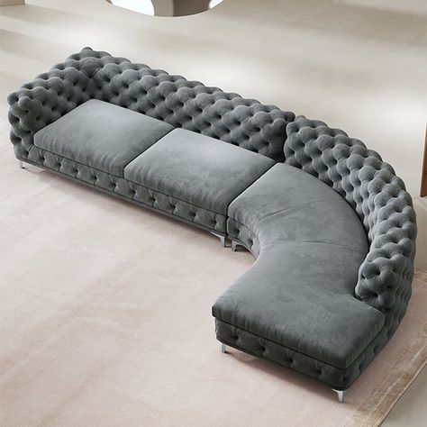 Curved Khaki Sectional Chesterfield Sofa 5-Seater Upholstered Velvet Stainless Steel Leg Sofa With Lounger, Canape Design, Chesterfield Living Room, L Shaped Sofa Designs, L Sofa, Velvet Chesterfield Sofa, Grey Sectional Sofa, Curved Sectional, Modular Couch