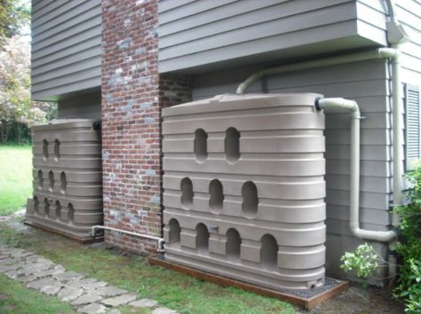 "Hidden" rain barrels Rain Water Collection Diy, Water Catchment, Water From Air, Rainwater Collection, Rainwater Harvesting System, Greenhouse Design, Lawn Sprinklers, Water Collection, Rainwater Harvesting