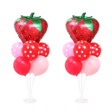 PRICES MAY VARY. 【Package includes】： 2 table centerpiece balloons stand kit and 18 balloons, including 25-inch strawberry foil balloons 2pcs,12-inch white dot red latex balloons 4pcs,10-inch soft pink latex balloons 4pcs,12-inch white dot pink latex balloon 4pcs and 10-inch red latex balloons 4pcs. 【Safety material】: The strawberry balloons are made of high quality aluminum foil material, the rest of the balloons are made of thick latex material,they are not easily explosive when inflated and ar Ballon Table Decoration, Strawberry Shortcake Table Decorations, Strawberry Birthday Centerpiece, Berry First Birthday Balloon Arch, Strawberry Shortcake Centerpieces Ideas, Baby Shower Ideas Strawberry, Strawberry Theme Centerpieces, Orange Birthday Theme, Strawberry 1st Birthday Party Theme