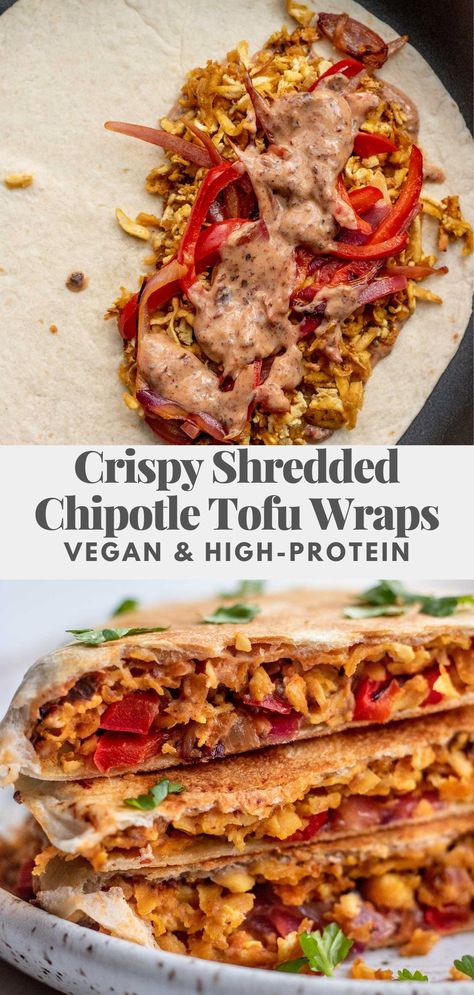 These Crispy Shredded Chipotle Tofu Wraps have a crispy chewy tofu filling coated in delicious smoky flavors. Easy to make and a great high-protein plant based option. High Protein Vegetarian Wraps, Best Vegan Wraps, Tofu Veggie Wrap, Vegan High Protein Wrap, Tofu Work Lunch, Shredded Tofu Wrap, Vegan Tofu Wrap, Vegan Vegetarian Recipes, Easy Vegan Protein Meals