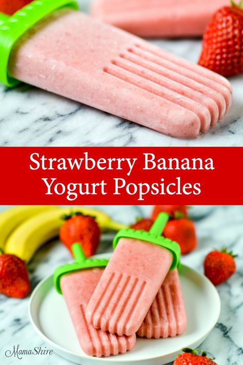 Strawberry Banana Yogurt Popsicle Recipe. Cool off with this refreshing and delicious combination of strawberries and bananas with this strawberry banana yogurt popsicle recipe. Dairy-free #dairyfreepopsicles #strawberrybananapopsicles #dairyfreedessert #popsicles #fruitpopsicles Strawberry Yogurt Popsicles, Yogurt Popsicle Recipes, Strawberries And Bananas, Banana Popsicles, Strawberry Popsicles, Banana Yogurt, Yogurt Pops, Yogurt Popsicles, Homemade Popsicles