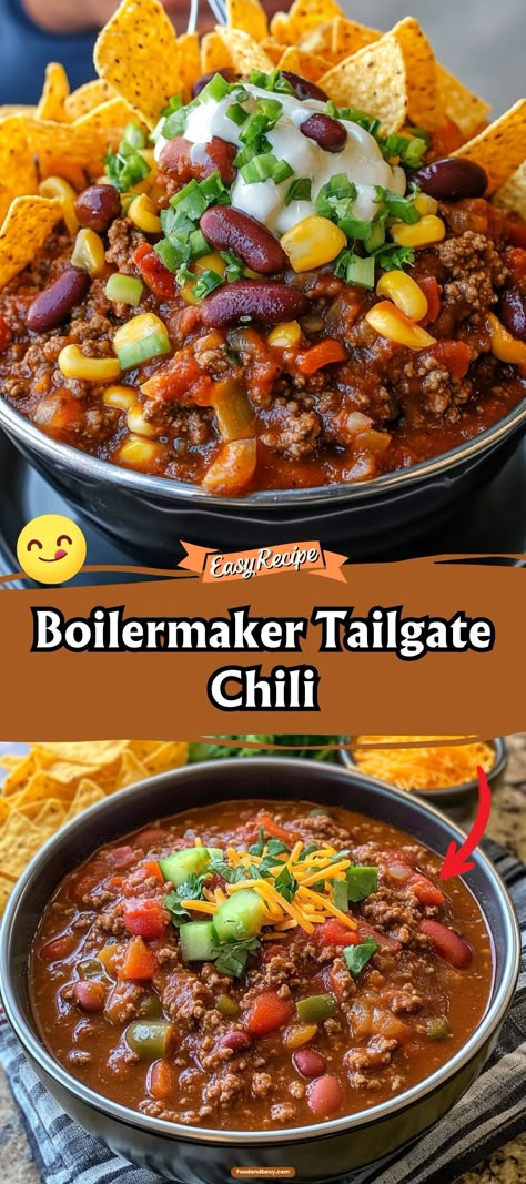 Get ready for game day with Boilermaker Tailgate Chili. This robust chili is packed with ground beef, sausage, beans, and a spicy kick, making it perfect for tailgating or any gathering. Hearty, spicy, and satisfying! #TailgateFood #ChiliRecipe #GameDayEats Chilli With Sausage, Boilermaker Chili Recipe, Chili With Vegetables, Boilermaker Chili, Chili With Sausage, Tailgate Chili Recipe, Boilermaker Tailgate Chili, Hot Chili Recipe, Game Day Chili Recipe