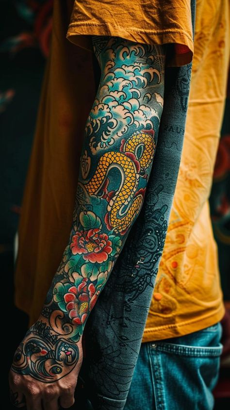 Colorful sleeve tattoo design with dragon and floral motifs, showcasing skilled artistry and vibrant colors. Purple Sleeve Tattoo, Men Traditional Tattoo Ideas, Big Colorful Tattoos, Guy Sleeve Tattoos, Traditional Tattoos Dragon, Colored Sleeve Tattoo, Full Body Tattoo Man, Colour Tattoo Men, Colorful Tattoo Sleeve