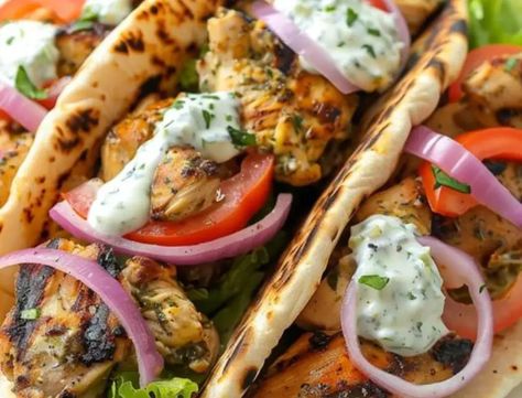 Greek Chicken Gyros, Med Diet, Greece Food, Chicken Gyros, Whole Wheat Pita, Red Onion Salad, Raw Chicken, Tzatziki Sauce, Greek Chicken