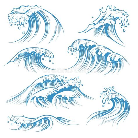 Zee Tattoo, Waves Sketch, Wellen Tattoo, Water Doodle, Ocean Drawing, Wave Drawing, Sea Illustration, Wave Illustration, Waves Vector