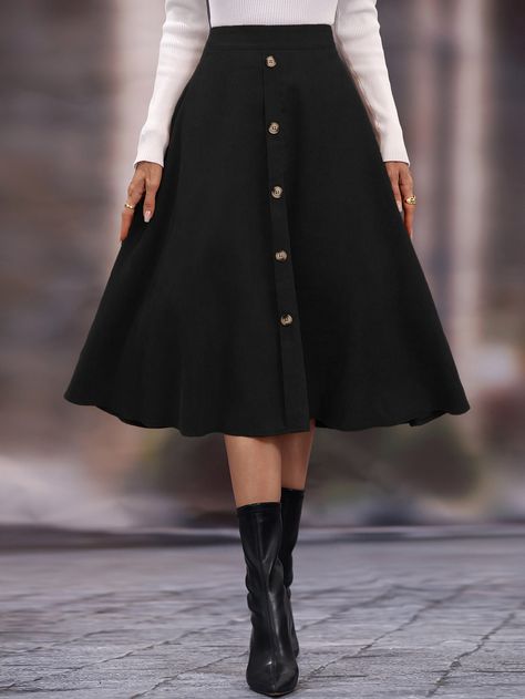 Black Casual Collar  Fabric Plain Flared Embellished Non-Stretch  Women Clothing Corporate Moodboard, Flared Skirt Outfit, Flare Skirt Outfit, Flare Long Skirt, Flare Skirts, Haute Couture Style, Button Fashion, Women Bottoms, Skirt With Buttons