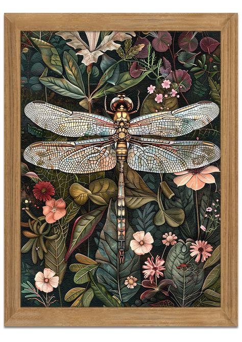 PRICES MAY VARY. 【Classic Vintage Wall Art】This mural combines classic vintage style with exquisite dragonfly and floral patterns to create a unique vintage atmosphere, adding elegance and natural atmosphere to your home. Perfect for decorating your bedroom, office, living room or study 【3D Textured Painting】Each painting is painted with 3D texture, and the delicate texture and realistic details make the pattern more vivid, adding depth and three-dimensionality to your wall. Whether you are look Art Nouveau Mood Board, Dragonfly Art Nouveau, Art Nouveau Theme, Green Room Decor, Beautiful Dragonfly, Dragonfly Wall Art, Art Nouveau Flowers, Watermark Logo, Art Nouveau Poster