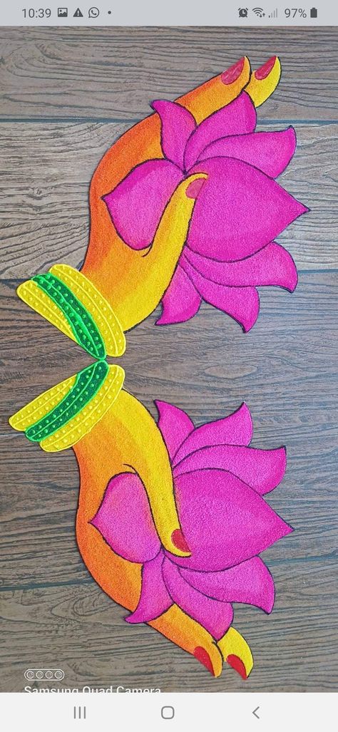 Elephant Rangoli For Diwali, Diwali Painting Rangoli, Narak Chaudas Rangoli, Rangoli Designs Nature, Pretty Rangoli Designs For Diwali, Laxmi Ganesh Rangoli Designs, Horizontal Rangoli Designs, Latest Rangoli Design For Diwali, Kamal Flower Rangoli Designs