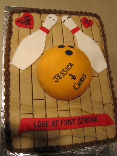 Bowling theme engagement party cake - that's where we really started liking each other Bowling Engagement Party, Bowling Themed Wedding, Bowling Ball Cake, Bowling Wedding, Theme Engagement Party, Party Boards, Engagement Party Cake, Barn Party, Ball Cake