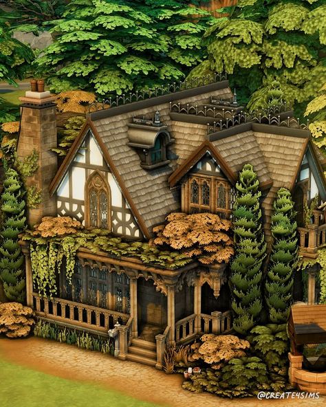 Gothic Witch Cottage || no CC #eapartner I built a dark gothic cottage for a witchy family! I hope you like it! Witch’s Cottage, Sims 4 Witch Cottage, Fantasy Homestead, Sims 4 Gothic House, Witch House Exterior, Dark Academia House Exterior, Minecraft Gothic House, Sims Exterior, Dark Academia House