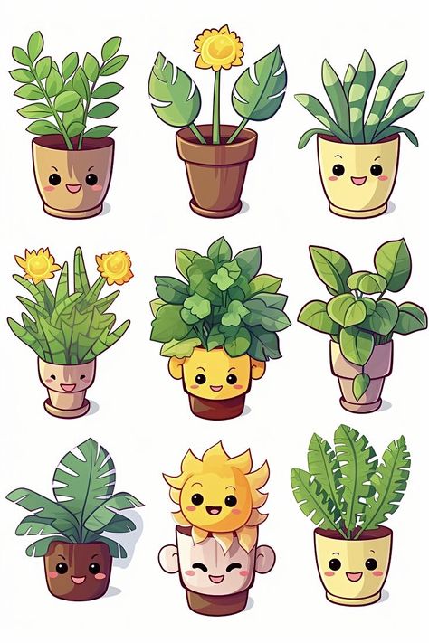 Kawaii Plants Drawing, Cute Big Stickers, Simple Plant Illustration, Plant Cartoon Drawing, Cute Plants Drawing, Cute Plant Drawings, Overlapping Drawing, Cute Plant Stickers, Plant Kawaii