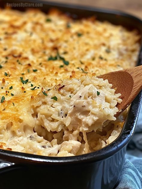 Creamy, cheesy, and packed with tender chicken and rice, this one-pan Chicken and Rice Casserole is perfect for busy weeknights. Chicken And Rice Rice A Roni, Mamaws Chicken And Rice Casserole, Ritz Chicken Casserole With Rice, Chicken And Rice Casserole Recipes With Ritz Crackers, Chicken And Rice Onion Soup Casserole, Casserole Recipes Chicken Rice, Weeknight Dinner Casserole, Quick Easy Weeknight Meals, Best Ever Chicken And Rice Casserole