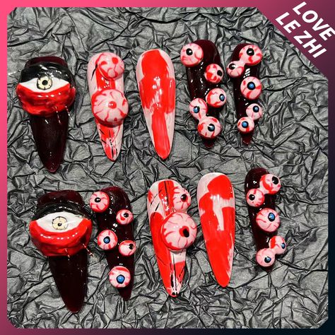 Halloween Ballet Fake Nails Art Pumpkin Spider Web Eyeball Skull Pure Handmade Acrylic Wearing False Eyeball Nail Art, Red And Black Nail Art, Eyeball Nails, Chilling Aesthetic, Traditional Nails, Nail Design Red, Creepy Nails, Nail Art Unique, Red And Black Nail