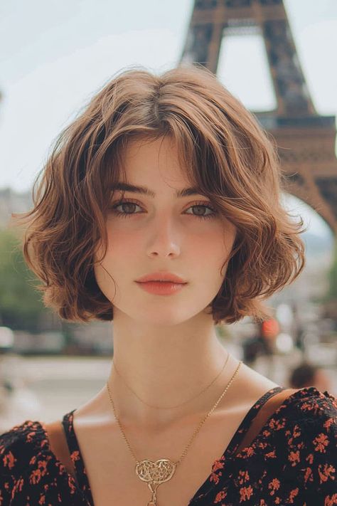 Effortless Tousled Chestnut Brown Bob, French bob haircut, parisian bob haircut, french bob hairstyle with bangs French Haircuts For Women, Cute Short Feminine Hairstyles, Short Bob Hairstyles For Square Faces, French Bob For Curly Hair, Longer French Bob, Curly French Bangs, French Bob With Wispy Bangs, French Bob Side Bangs, Bobbed Hair With Bangs