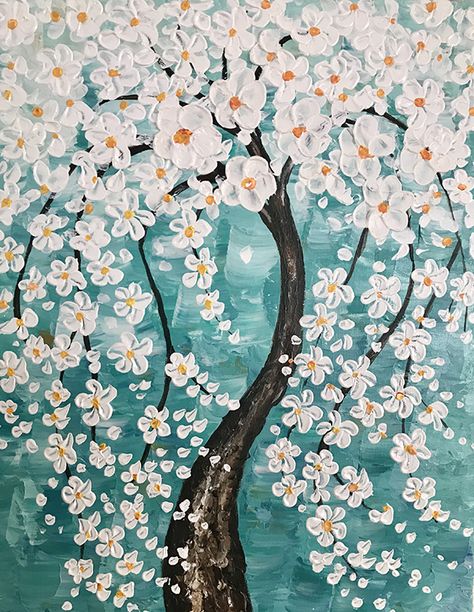 Thick Acrylic flowers tree on teal background canvas Turquoise Canvas Painting, Painting Ideas On Canvas Blue Background, Teal Painting Ideas Canvas, Canvas Background Ideas Acrylics, Canvas Background Ideas, Flowery Background, Clinic Art, Teal Painting, Teal Art