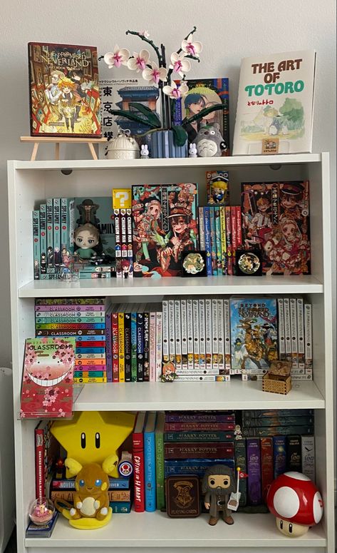 Game Room Collection, Aesthetic Book Collection, Cute Manga Collection, Anime Shelf Decor, Tbhk Manga Collection, Bookshelf Inspo Aesthetic, Room Inspo Shelves, Trinket Bookshelf, Shelf Room Ideas