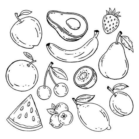 Fruit Doodle, Fruit Sketch, Vegetable Drawing, Fruit Tattoo, Fruit Coloring Pages, Fruits Drawing, صفحات التلوين, Fruit Illustration, Outline Drawings