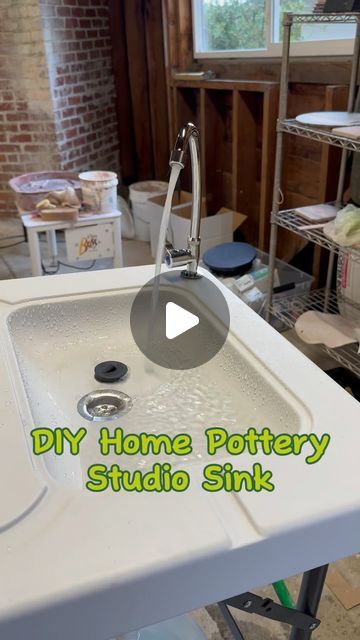 Pottery Bench Ideas, Backyard Pottery Studio Sheds, Pottery Studio Water System, Pottery Wheel At Home, Garage Pottery Studio Setup, Diy Home Pottery Studio, Pottery Studio Setup Ideas, Pottery Shed Ideas, Ceramic Studio Organization