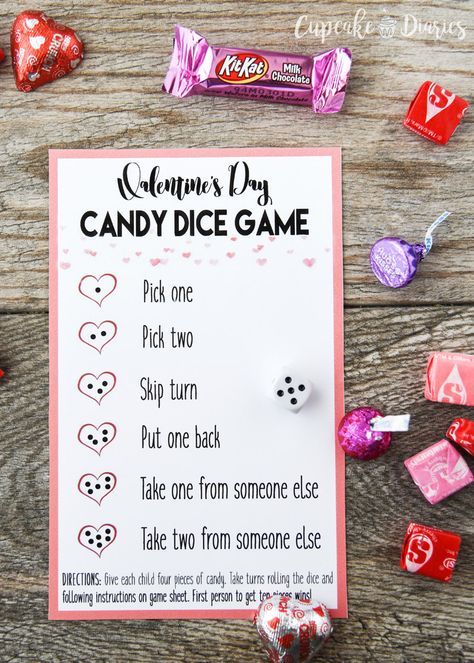 Valentine's Day Candy Dice Game - A perfect game to play during a classroom party or at home with the family! Valentines Games To Play, Free Candy Dice Game, Minute To Win It Games Valentines Day, Toddler Valentine Party Games, Teen Valentine Activities, Valentines In Classroom, Valentines Day Games For Preschoolers, Valentine Class Activities, Valentine Primary Activity