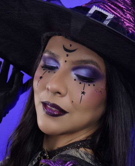 Cosmic Witch Makeup, Purple Witch Makeup Halloween, Celestial Witch Makeup, Moon Witch Makeup, Psychic Costume, Purple Witch Makeup, Witch Makeup Ideas, Crescent Moon Symbol, Purple Eye Shadow