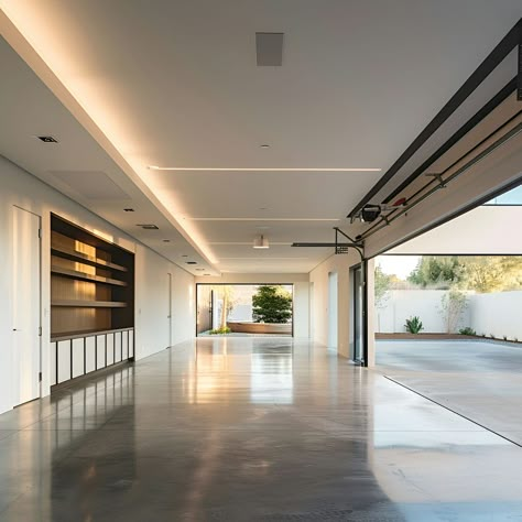 Explore this sleek modern garage doubling as a library in a California home. White walls and polished concrete floors create a bright space, with high ceilings featuring LED lights. An open door invites you to a patio, enhancing the airy ambiance. The garage includes a vast bookshelf and art pieces, blending functionality with style. Perfect for vehicle storage or as a creative workspace. Garage With High Ceiling, Polished Concrete Floor Garage, Polished Concrete Garage Floor, Porch Off Garage, Studio In Garage, Garage House Interior, Big Garage Ideas, Luxury Home Garage, Car Garage Aesthetic