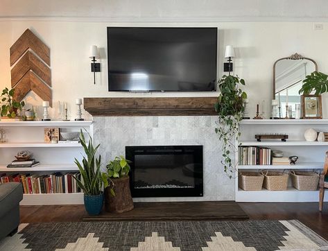 White Fireplace With Shelves On Side, White Brick Wall With Shelves, Fireplace With Sideboards On Each Side, Sideboard Beside Fireplace, Modern Country Fireplace, Fireplace Mantle Decor With Tv Above, Cabinets On Either Side Of Fireplace, White Fireplace With Tv, Side Of Fireplace Decor