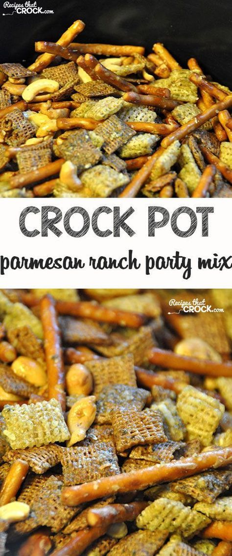 Check out this oh-my-goodness-good Crock Pot Parmesan Ranch Party Mix! It is amazing! Chex Mix Crock Pot, Crockpot Snacks, Ranch Chex, Ranch Chex Mix, Ranch Party, Parmesan Ranch, Party Mix Recipe, Holidays Recipes, Party Snacks Easy