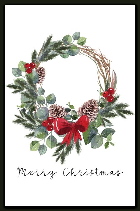 Merry Christmas Printable Set - Free Christmas Cards and Prints Watercolour Christmas Illustration, Christmas Wreaths Illustration, Watercolour Christmas Wreath, Wreath Illustration Christmas, Christmas Wreath Painting, Painting Wreath, Watercolour Pictures, Christmas Cards Ideas, Merry Christmas Printable