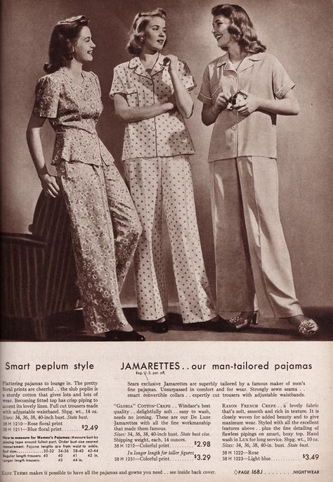 1950s Pajamas, 1940s Women, Vintage Catalog, Vintage Loungewear, Vintage Pajamas, 40s Fashion, Peplum Styles, 1930s Fashion, Pajama Party